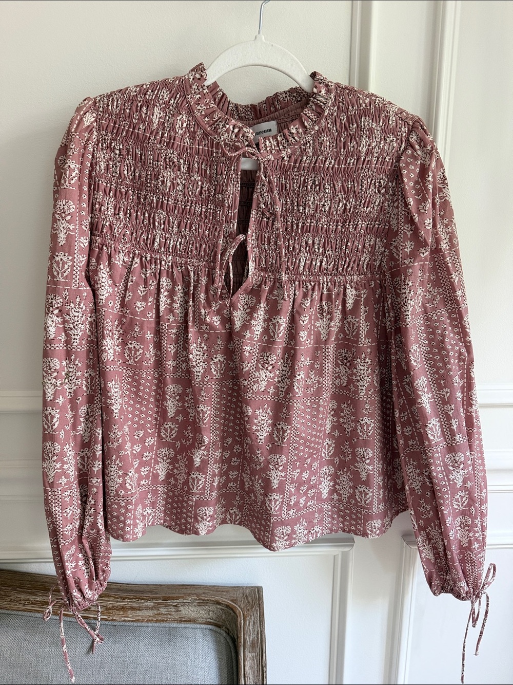 AUREUM Mauve Rose Printed Blouse - Printed Smocked Top w/ Ties